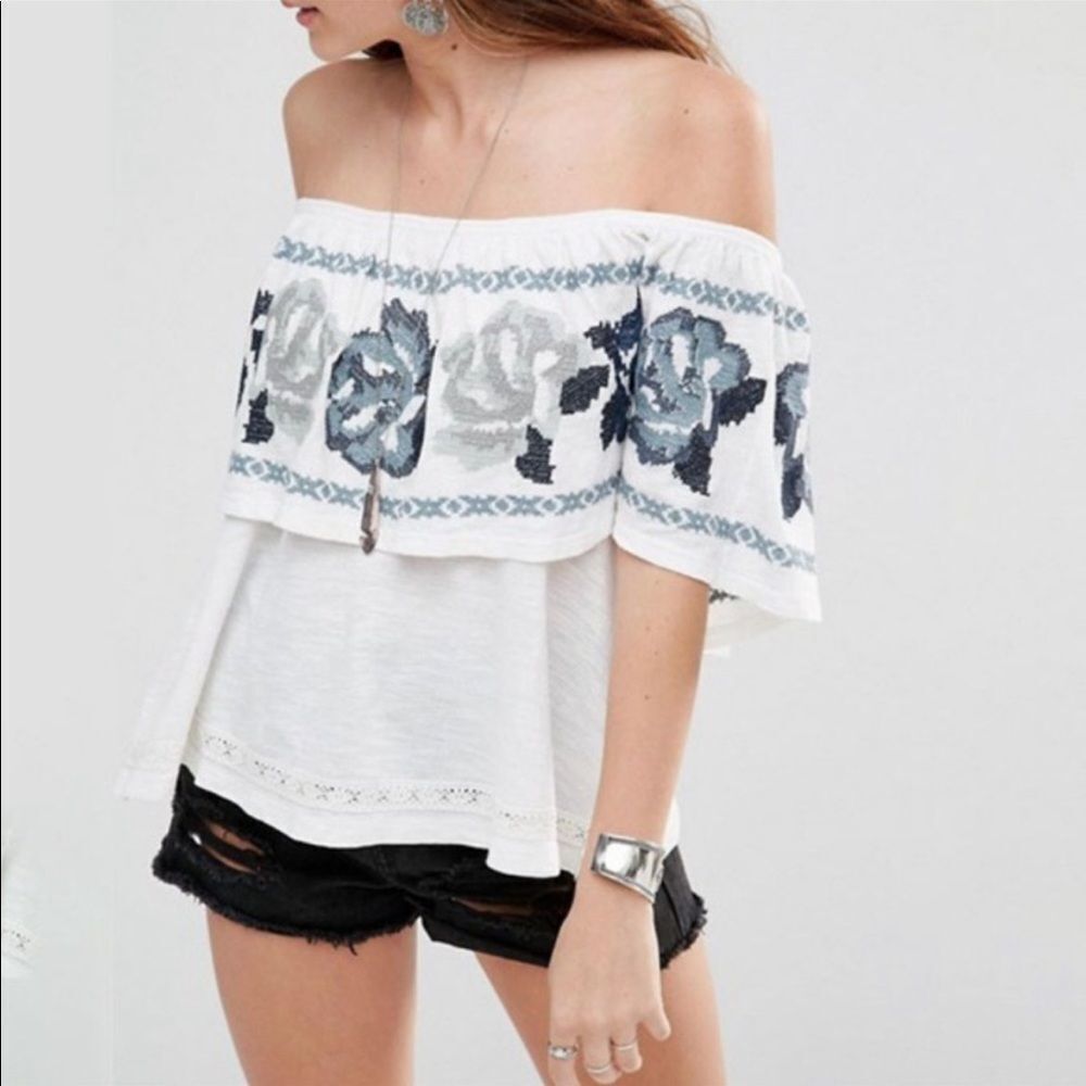 FREE PEOPLE To The Left Off-shoulder top in White with blue floral embroidery